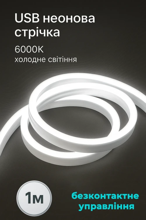 USB Неоновая лента White 5V водонепроницаемая, холодное свечение с бесконтактным управлением, 1м
